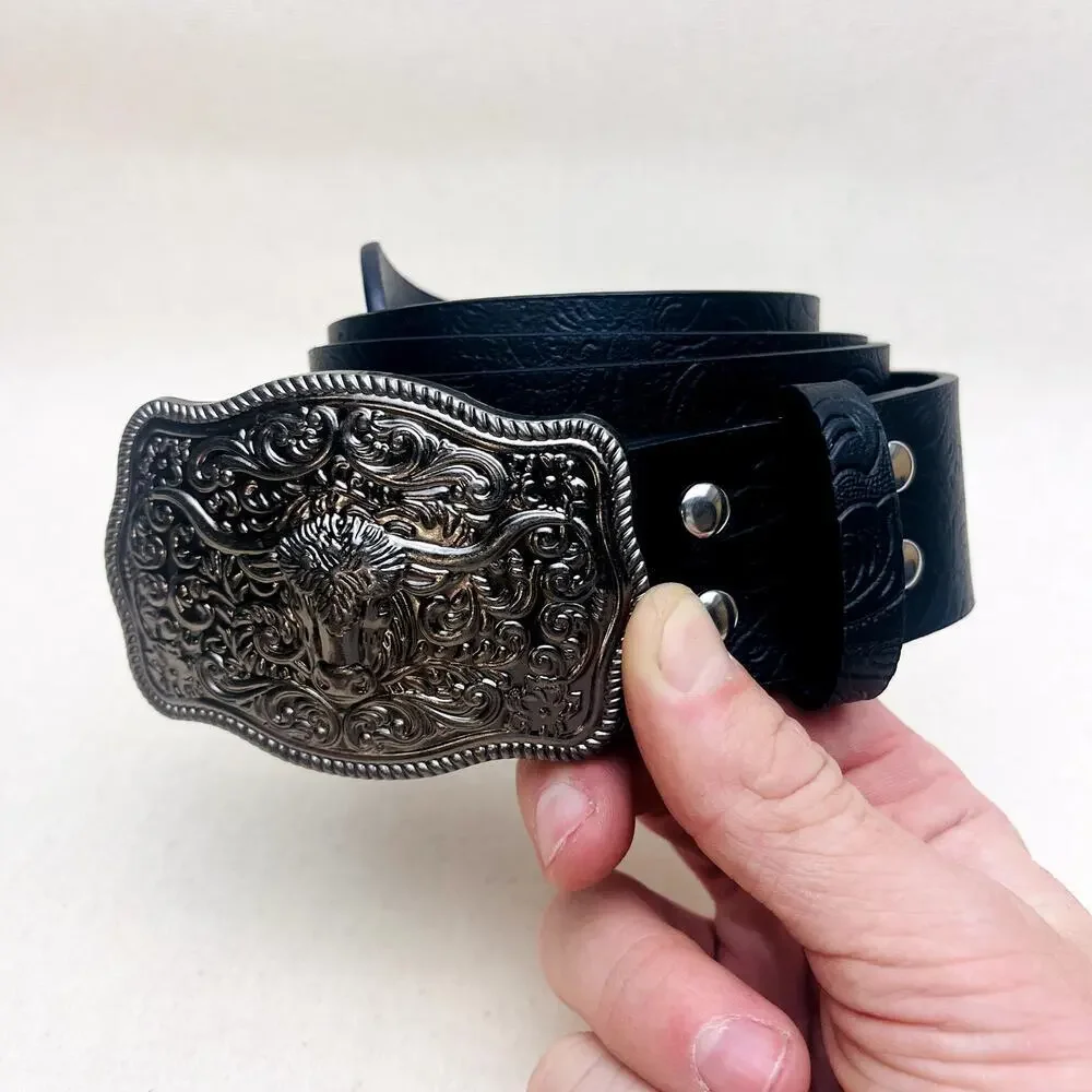 black american western cowboy silver bull design belt